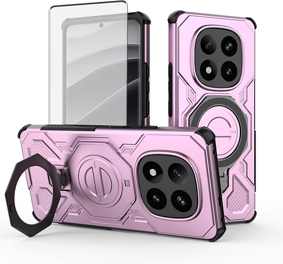 Asuwish Phone Case for Xiaomi Redmi Note 14 Pro Plus 5G with Tempered Glass Screen Protector Cover and Magnetic Ring Holder Kickstand Protective Hard Cell Accessories 14Pro 14Pro+ Pro+ Women Men Pink