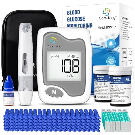 CareLiving BGM101 Blood Glucose Monitor Kit, 100 Test Strips, 100 Lancets, 1 Blood Glucose Meter, 1 Lancing Device, Diabetes Testing Kit, Portable Blood Sugar Test Kit, Glucometer Kit for Home