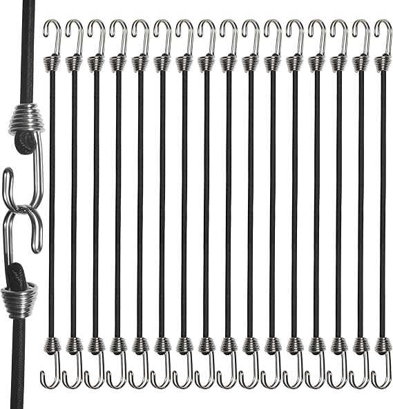 Mini Bungee Cords with Hooks (16, Black, 10"). Versatile Outdoor Bungee Cord Set. 10inch, Totaling 16pcs Small Bungee Cords with Hooks