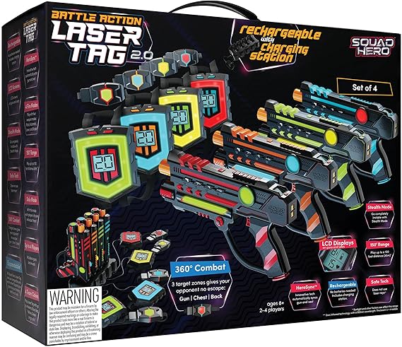 Squad Hero Rechargeable Laser Tag 360 Sensors + LCDs - Set of 4 - Birthday Gift Ideas for Kids Teens & Adults Boys & Girls Family Fun - Cool Teenage Lazer Group Activity, Teen Gifts Ages 8+ Year Old