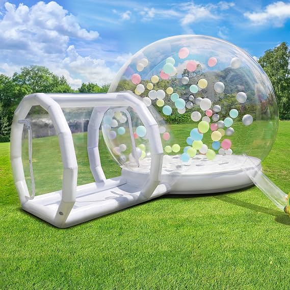 Inflatable Double Bouncing Bubble House Domefor Kids and Adults, Clear PVC Bubble Balloon House with Tunnel, Air Blower, Air Pump White Inflatable House Dom for Party (Transparent, 10FT/120IN)