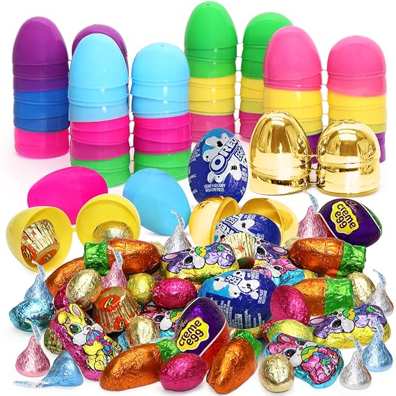 Easter Candy with Fillable Plastic Eggs Bundle - Pack Of 24 Plastic Eggs With Assorted Chocolate Candy for Filling - Holiday Party Treats & Easter Basket Stuffers