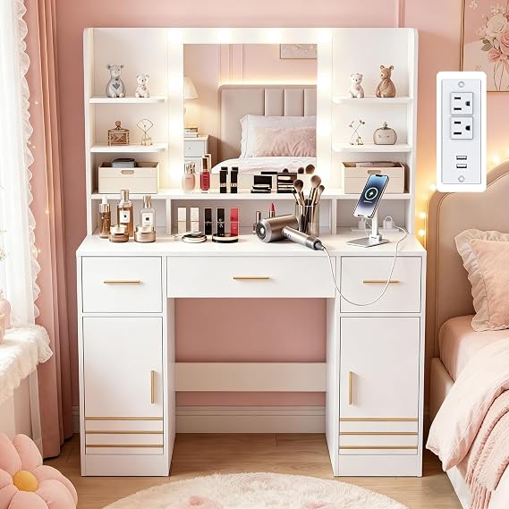 42" W Vanity Desk with Power Outlet Mirror and LED Lights Large Heavy Duty Makeup Vanitys Table with 3 Drawers & 6 Open Shelves & 2 Cabinet Storage for Bedroom Dressing, White
