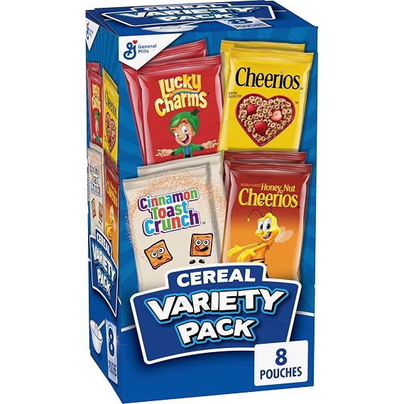 General Mills Cereal Variety Pack, 8 Pouches, 9.1 oz | 2 Lucky Charms, 2 Cinnamon Toast Crunch, 2 Cheerios, 2 Honey Nut Cheerios, Single-Serve Pouches, Made with Whole Grain Oat
