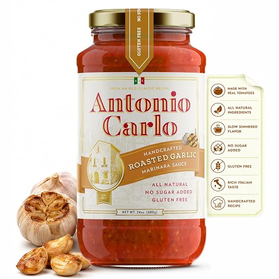 NEW! Antonio Carlo Authentic Italian (3 Generations) Handmade Gourmet Marinara Sauce FRESH, No Preservatives, Vegan Marinara Spaghetti & Pasta Sauce All-Natural Ingredients (Roasted Garlic)