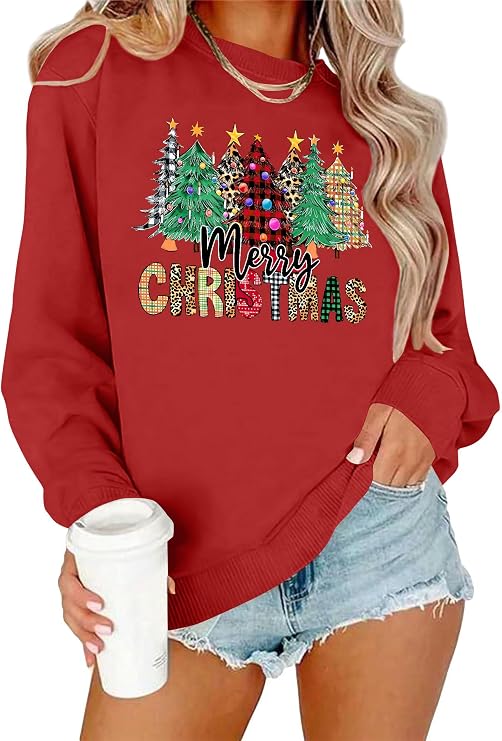 NEWWEN Christmas Sweatshirts for Women Christmas Tree Leopard Plaid Graphic Sweatshirt Xmas Holiday Party Gift Pullover Tops