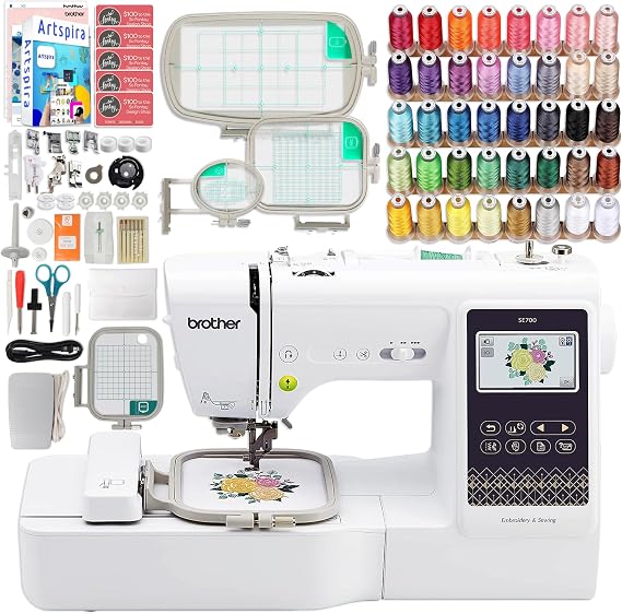 Brother SE700 Combo Embroidery & Sewing Machine with 4 Embroidery Hoops, Embroidery Thread Set & Accessories