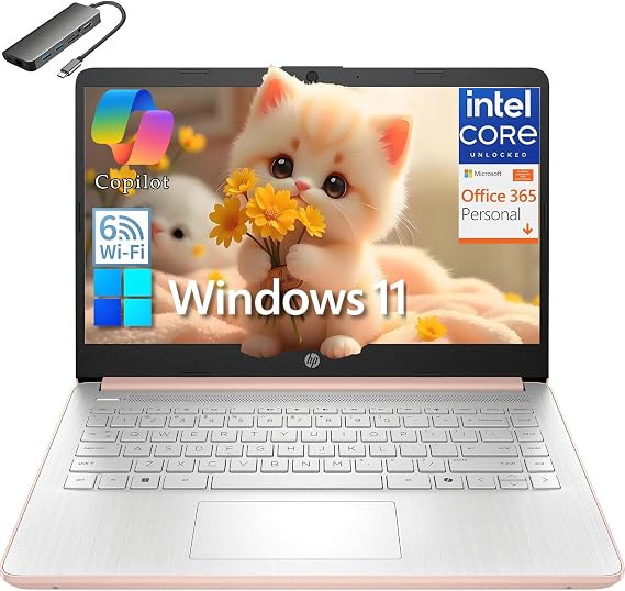 HP 14" Student Business Laptop Computer, Intel N150 CPU (Beat i3-1115G4), 8GB DDR4 RAM, 256GB Storage (128GB UFS + 128GB MSD), WiFi 6, BT 5.4, 1-Year Office365, Win11 Home S, Pale Rose Gold, USB C Hub