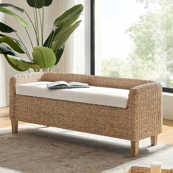 HULALA HOME 57" Rattan Storage Bench, Boho Wicker Bedroom Bench, Natural