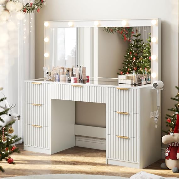 LUXOAK 47" Makeup Vanity Desk with Large Mirror & LED Lights, White