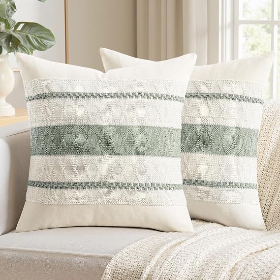 Woaboy Set of 2 Decorative Pillow Covers Boho Farmhouse Couch Throw Pillows Modern Cotton Cushion Covers Macrame Woven Spring Home Decor for Bed Sofa Chair 18x18 Inch Sage Green