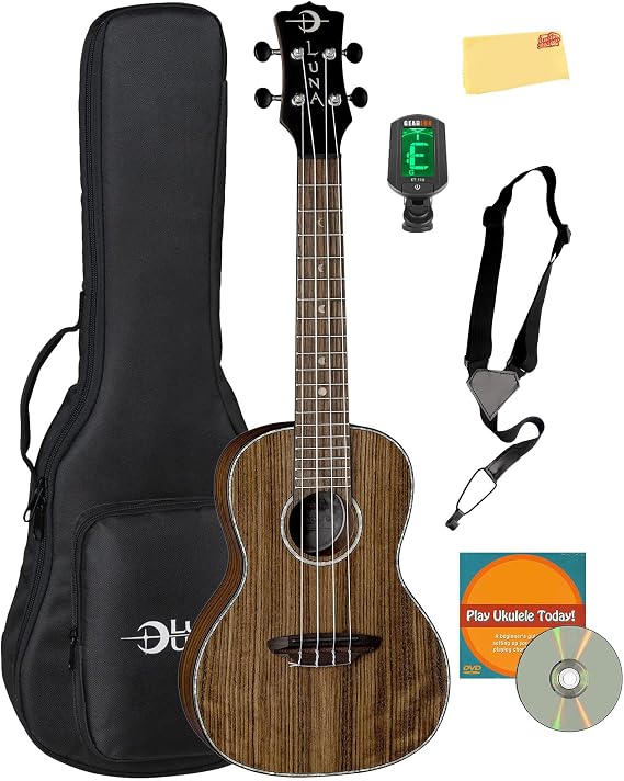 Luna Walnut Concert Ukulele Bundle with Gig Bag, Tuner, Strap, Austin Bazaar Instructional DVD, and Polishing Cloth