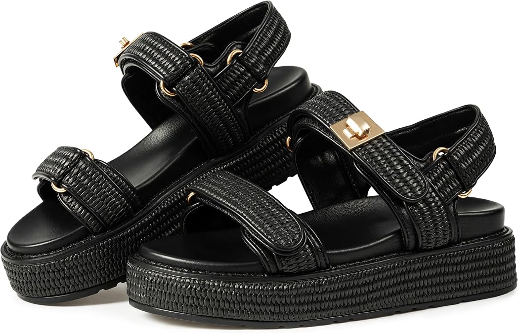 VARECOLA Women's Platform Sandals, Woven Raffia Open Toe Chunky Flatform Shoes