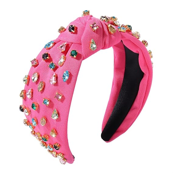 NVENF Hot Pink Knotted Headbands, Crystal Beaded Jeweled Top Knots for Women, Summer Fashion Hair Accessories