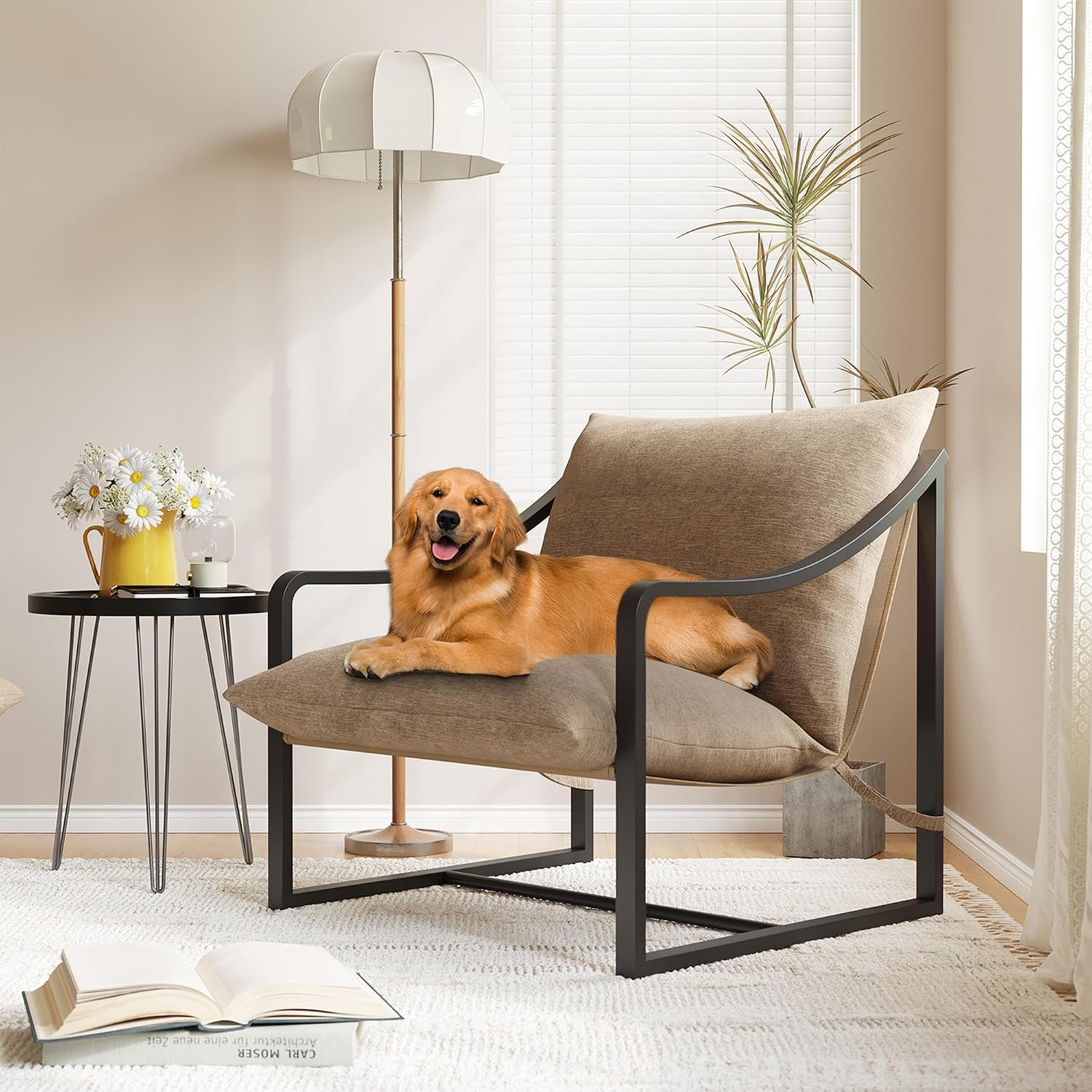 IDEALHOUSE Modern Sling Accent Chair, Comfy Fabric Living Room Chairs with Heavy Duty Metal Frame, Lounge Reading Armchair for Living Room Bedroom, Easy Assembly, Beige