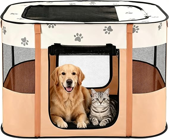 Avont Taşınabilir Köpek Kedi Oyun Parkı, Katlanabilir Pop Up Pet Oyun Kalemi Seyahat Sandığı, Zemin ve Ağ Kapılı İç Mekan Dış Mekan Katlanabilir Çadır Kafesi için -M, Turuncu [Enerji Sınıfı A]