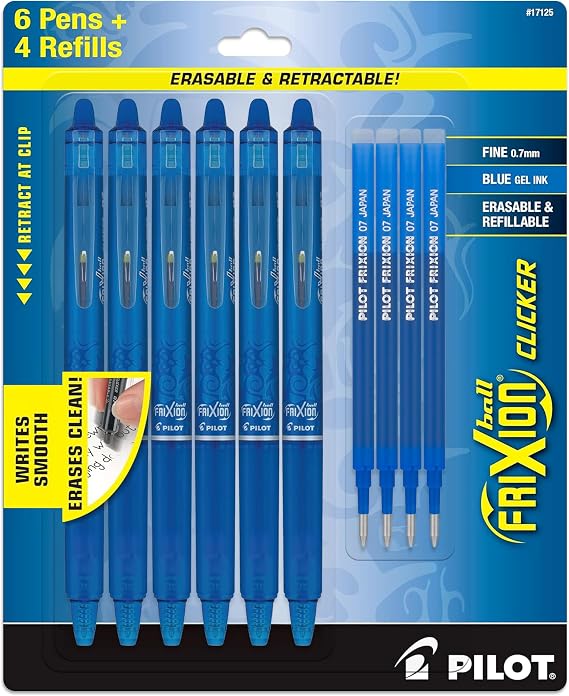 PILOT FriXion Erasable Pens Fine Point, 0.7 mm - for Rocketbook & Notebook, Pack of 6 Blue Erasable Gel Pens + 4 Bonus Refills