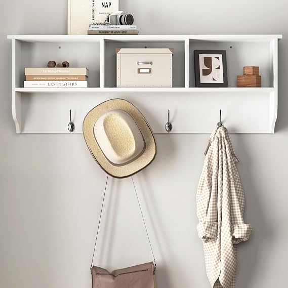 Coat Rack Wall Mount with Shelf, White Entryway Shelf with Hooks and Storage, Wall Storage Cabinet Unit with 4 Dual Hooks for Hallway, Living Room, Bedroom, Bathroom, Kitchen