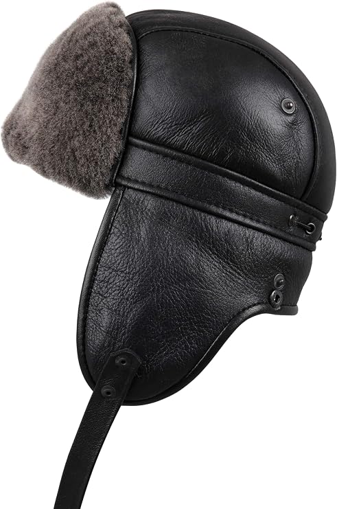 Unisex Shearling Sheepskin Aviator Russian Ushanka with Snap Hat