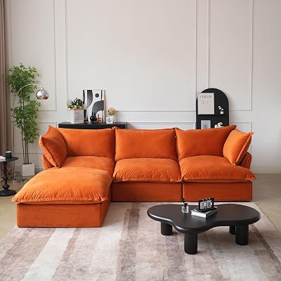 JACH L-Shaped Velvet Sectional Couches, 3 Seats Sectional Sofas with Chaise Ottoman, Modular Sectional Sofa, Cushion Covers Removable, Two Corners and A Middle Sofa for Living Room, Orange