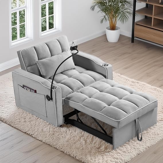 Convertible Sleeper Sofa Chair Bed, Adjustable 3-in-1 Single Armchair with Pull Out Bed, Folding Lounger Chair for Living Room Bedroom Small Space (Grey)