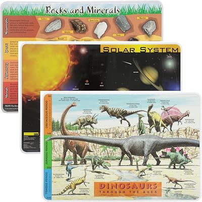Painless Learning Educational Placemats Sets Solar System, Rocks and Minerals, Dinosaurs Placemat Non Slip Washable