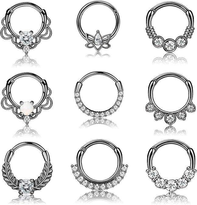 Drperfect 9PCS 16G Septum Rings Opal Daith Earrings Hoop Nose Rings 316L Stainless Steel CZ Cartilage Helix Tragus Earrings Septum Clicker Piercing Jewerly