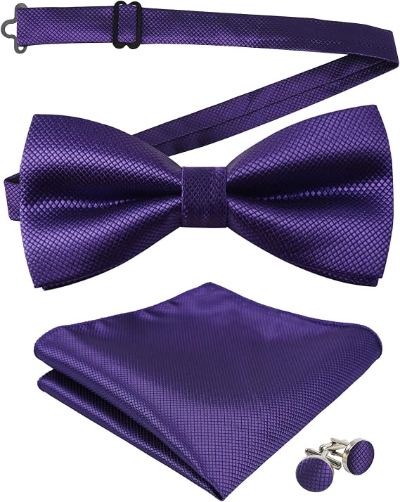 Alizeal Mens Solid Color Mini Squares Formal Banded Pre-tied Bow Ties, Pocket Square, Cufflinks Set Wedding Party Business