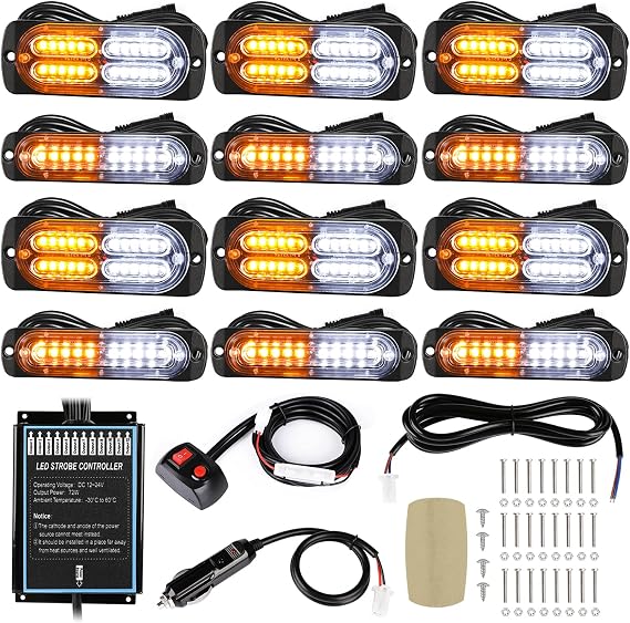 12pcs Ultra Slim LED Strobe Lights w/Controller, Amber/White | Ultra Slim Grille Surface Mount Sync Emergency Beacon Flashing, Heavy Cable & Waterproof Controller for Trucks & Vehicles