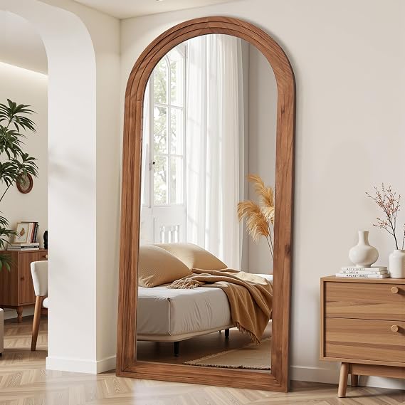 Antok Full Length Mirror with Solid Wood Frame, 81"41" Wall Mounted Oversized Floor Mirror with Stand, Leaning Standing Hanging for Bedroom Living Room Entryway, Brown, Arched Syle
