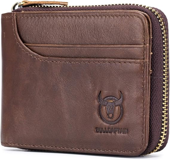 BULLCAPTAIN Mens Leather Zipper Wallet RFID Blocking Bifold Secure Vintage Zip Around Multi Credit Card Holders