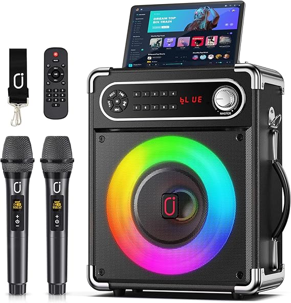 JYX 200W Karaoke Machine with 2 Wireless Microphones, Bass/Treble Control