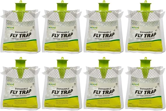 RESCUE! Outdoor Disposable Fly Trap Hanging Fly Catcher with Attractant Bait, Fly Bag for Patio, Yard, Trash & Farm Areas Easy-to-Use Outdoor Fly Control - 8 Traps