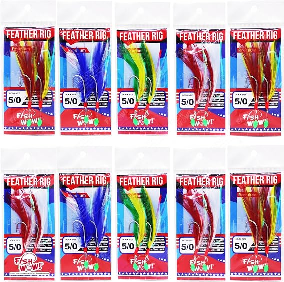 10pks Mix Colors Fish WOW! Fishing Feather Rig with 5/0 Two High-Carbon Steel Hooks Rock cod Lures Rockfish Rigged Jigging Rig