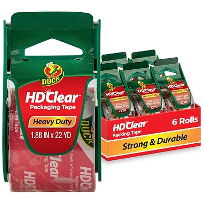 Duck HD Clear Packing Tape with Dispensers - 6 Rolls of Strong Heavy Duty Packing Tape for Shipping and Moving, Boxes and Packaging - 1.88 In. x 22.2 Yards - 1.5 Core - Clear 287732