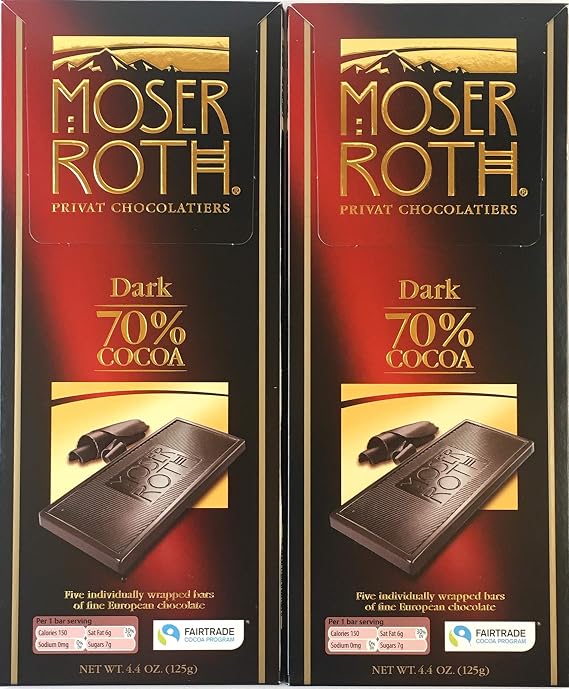 Moser Roth 70% Premium Fine German Dark Chocolate Bars. (Pack of 2)