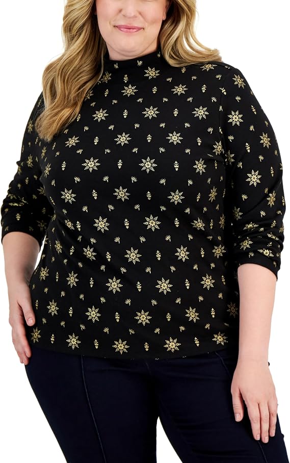 Plus Size Holiday Printed Mock-Neck Top