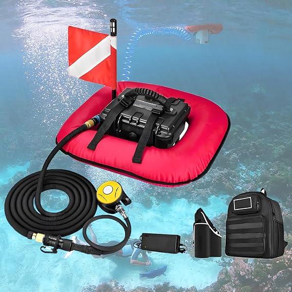 Diving Tanks Underwater Breathing Ventilator, Scuba Diving Ventilator System, 52L/min Without Tank Oxygen Portable Device, Waterproof Air Compressor Red-1Battery