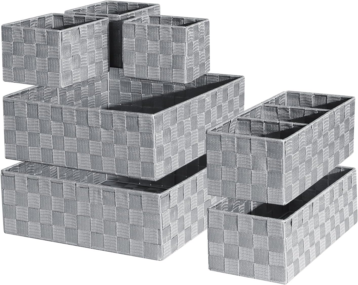 Drawer Organizer, Cube Baskets for Storage Shelves, Handmade Small Woven Basket, Shallow Storage Bins for Organizing Desk, Dresser, Kitchen, Pantry, Nested 7 Pack, Gray