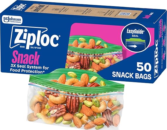 Ziploc Snack Bags, Easy Open and Close, Small Plastic Food Storage Bags, 50 Bags Total