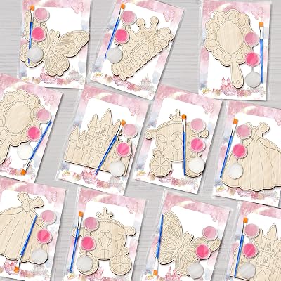 12 Pack Princess Party Favors Wooden Painting Craft Kits for Princess Birthday Party DIY Coloring Wooden Crown Mirror Art Activities Games for Princess Party Goodie Bag Stuffers Prize