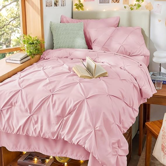 Sasttie Twin Comforter Set, 5-Piece Bed in a Bag, Pintuck Bedding Sets for All Season, Includes Comforter, Flat Sheet, Fitted Sheet, Pillowcase and Pillowsham, Baby Pink