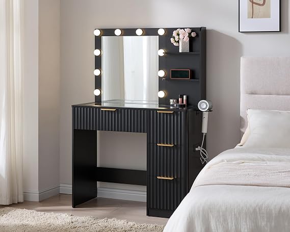 AMERLIFE 36.2" Fluted Vanity Desk with Mirror and Lights, Black | Large 4 Drawers Black Makeup Vanity Table with Glass Top and Charging Station for Women and Girls, Bedroom or Dorm