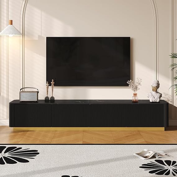 Luxury Fluted TV Stand for TVs Up to 85", Modern Faux Marble Tabletop Entertainment Center Media Console with 4 Drawers, Curved Profile Design TV Console Cabinet or Living Room