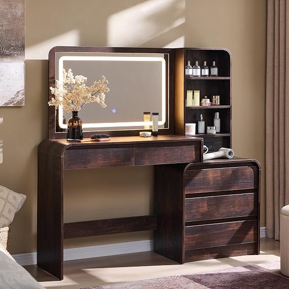 Aitjunz Vanity Desk with Mirror and Lights, 50 Modren Makeup Vanity with 35.43" Mirror and 5 Drawers, Makeup Table with Charging Station for Women and Girls, Bedroom (Brown)