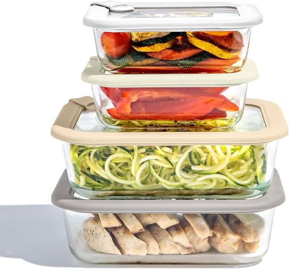 Bentgo Signature Glass Food Storage Containers with Lids, 8 Piece Set | Leak-Proof, Airtight, Borosilicate Glass, PFAS & BPA-Free, Microwave, Oven, Freezer & Dishwasher-Safe (White Stone)