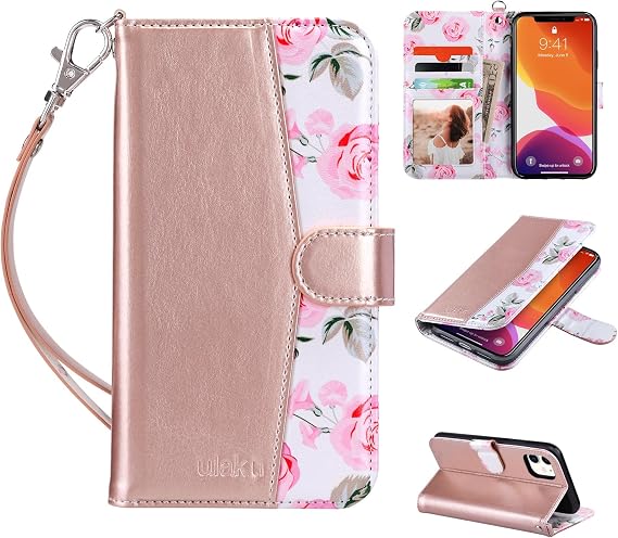ULAK Compatible with iPhone 11 Wallet Case for Women, Premium PU Leather Folio Flip Cover with Card Holders Kickstand Shockproof Protective Cover 11 6.1 inch, Rose Gold