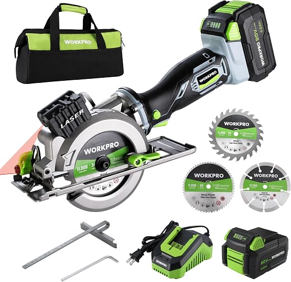 WORKPRO 20V 4-1/2" Cordless Mini Circular Saw with 4.0Ah Battery | 4500RPM Compact Circular Saw, 3 Blades, Laser Guide, Max Cutting Depth 1-11/16"(90), 1-1/8"(45) for Wood, Metal & Plastic