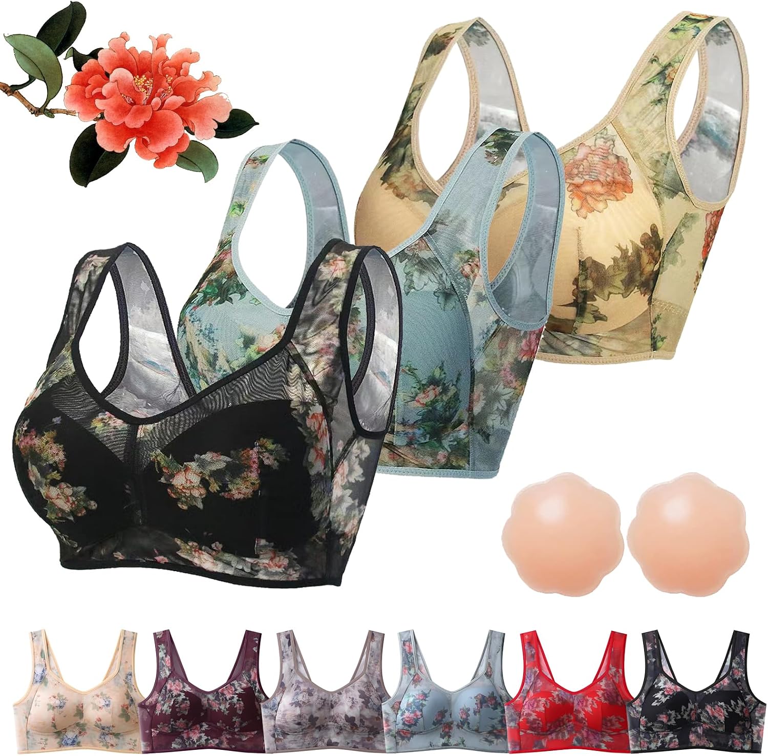 Ice Silk Lace Cooling Comfort Bra, Ellebloom Bra, Miracharm Lace Buttonless Ultra Thin Lifting Bras for Women&Senior