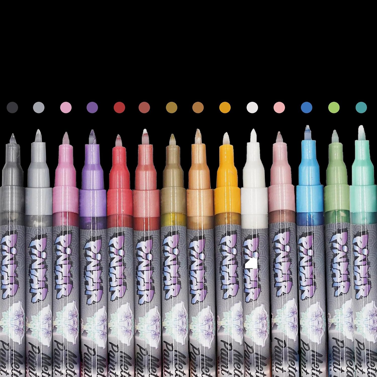 PINTAR | 14 PACK | Metallic Acrylic Paint Markers Extra Fine Point | Leather, Shoes, Rock Painting, Wood, Glass | Metallic Paint Pens | Pack of 14, 0.7mm